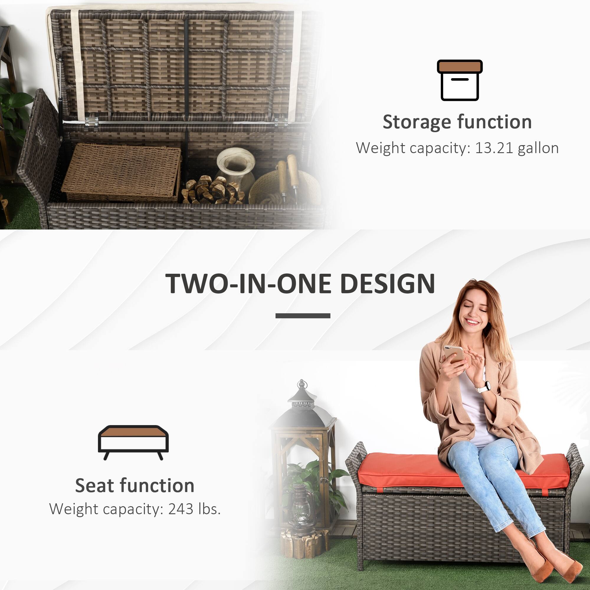 Storage function  
Weight capacity: 13.21 gallon  

TWO-IN-ONE DESIGN  

Seat function  
Weight capacity: 243 lbs.