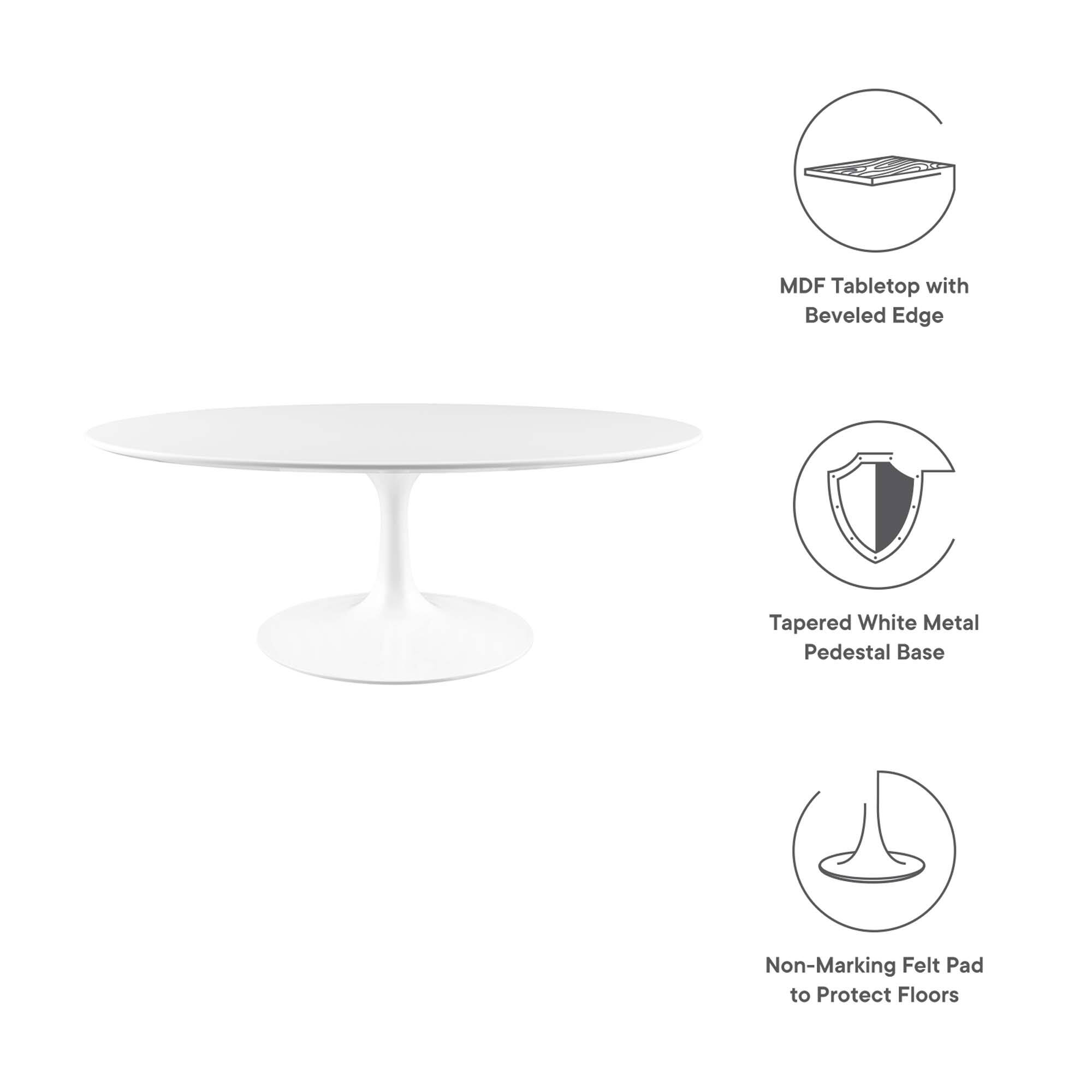 MDF Tabletop with Beveled Edge  
Tapered White Metal Pedestal Base  
Non-Marking Felt Pad to Protect Floors