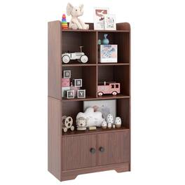 Costway - 4-Tier Bookshelf 2-Door Storage Cabinet with4 Cubes Display Shelf for Home Office - Brown