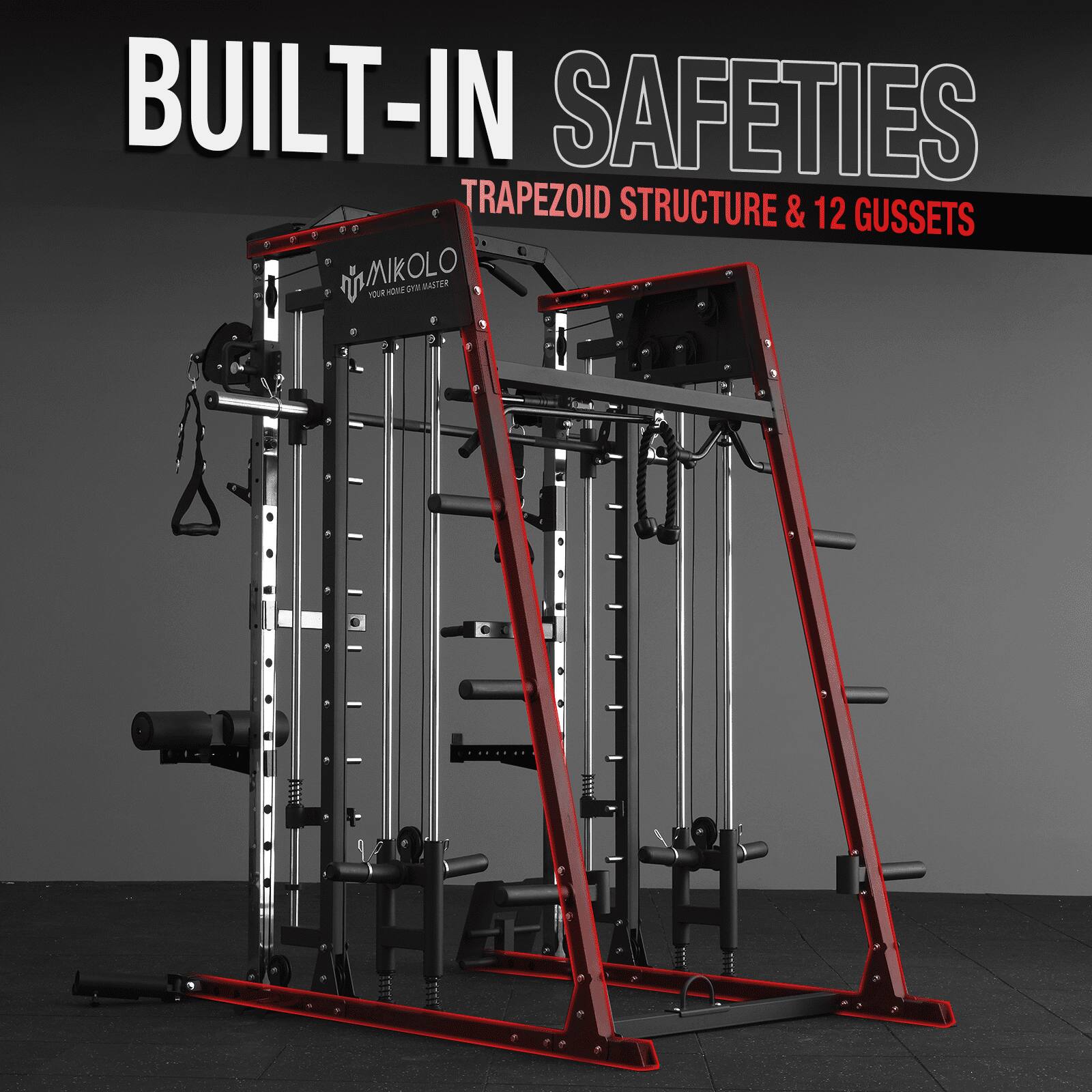 BUILT-IN SAFETIES TRAPEZOID STRUCTURE & 12 GUSSETS YOUR HOME GYM MASTER