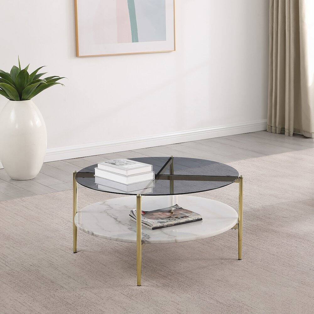 Alt View 5. Coaster Co. of America - Jonelle Round Glass Top Coffee Table White Marble Shelf Gold - Gray.