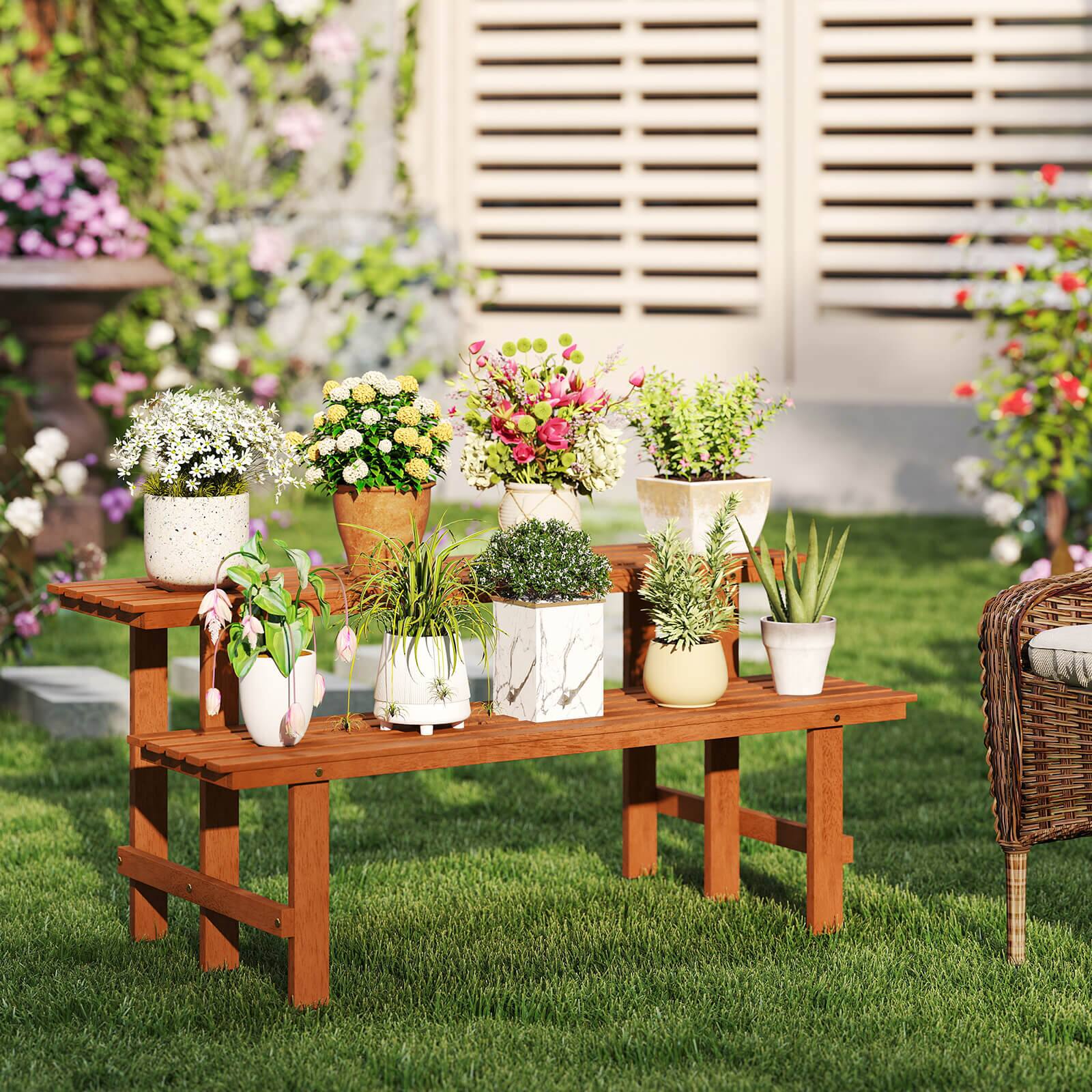 Alt View 4. Costway - Costway 2 Tier Wood Plant Stand with Teak Oil Finish Indoor & Outdoor Flower Pot Holder - Brown.