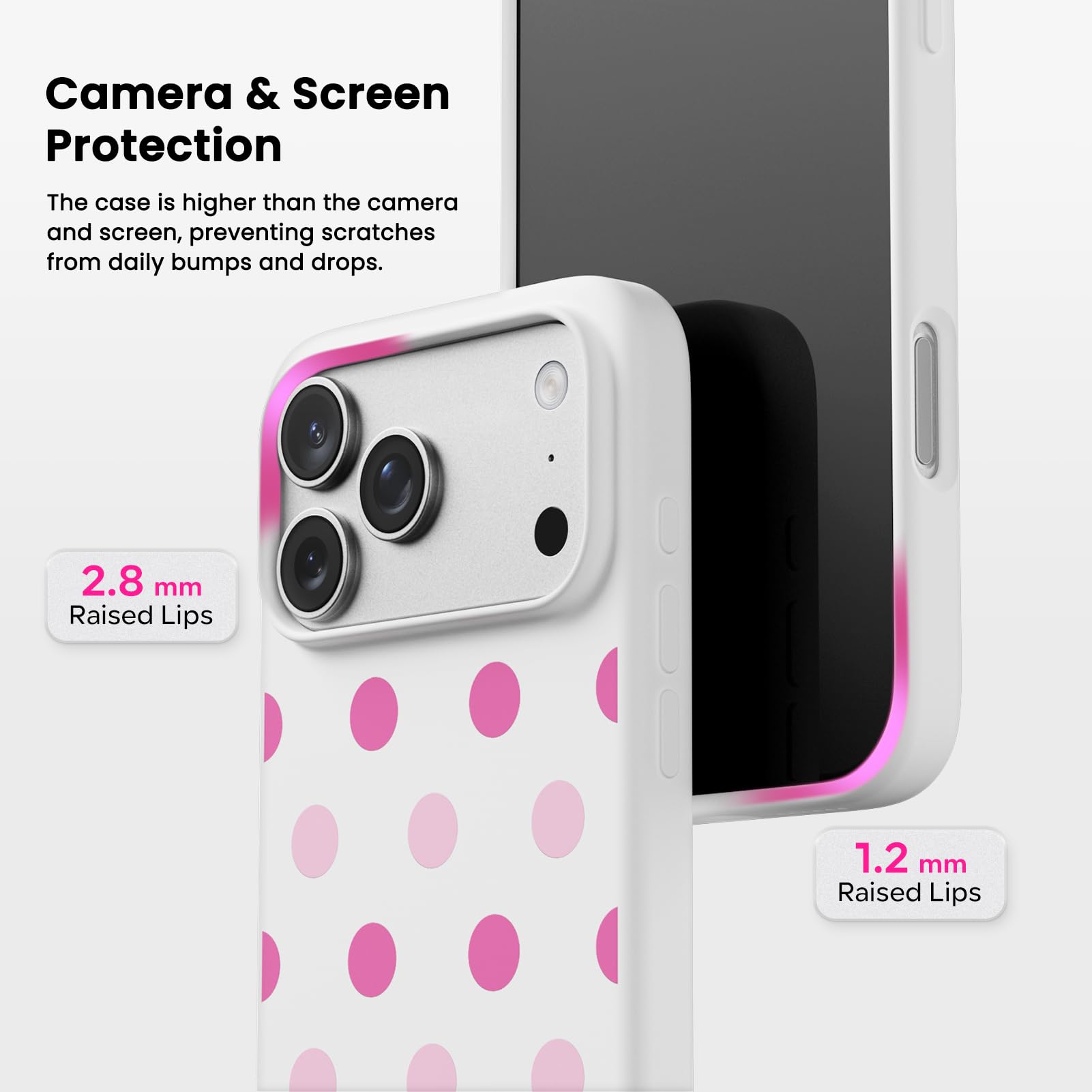 Camera & Screen Protection

The case is higher than the camera and screen, preventing scratches from daily bumps and drops.

2.8 mm Raised Lips

1.2 mm Raised Lips