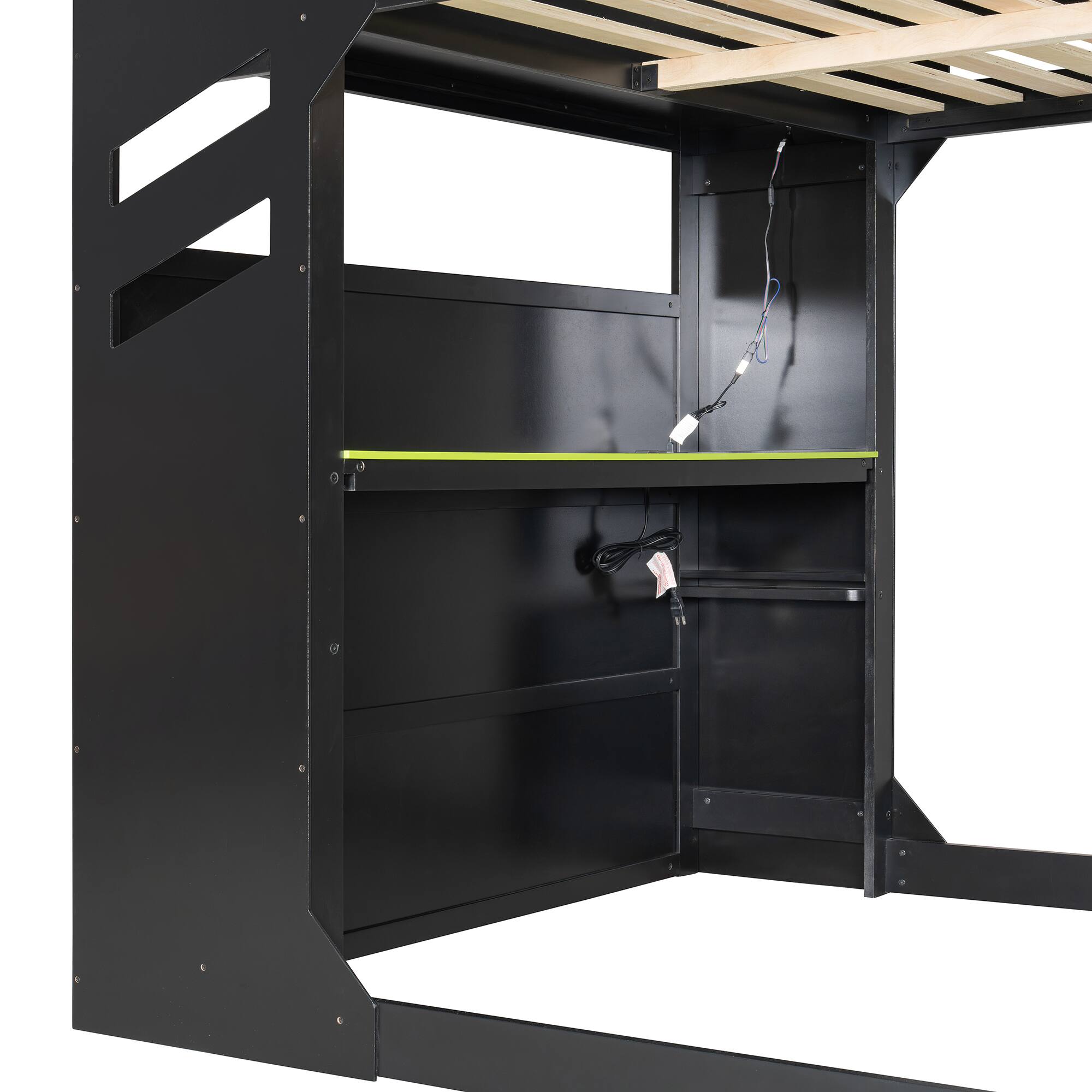 Left. Aukfa - Full Size Wood Loft Bed with Height-adjustable Desk,Drawers,Storage Compartments,Hanging Rod and RGB Lights - Green.