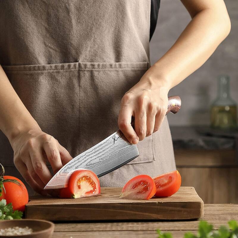 Left. Kitcheniva - 8" 67 Layer Damascus Steel Chefs Knife and 5" Carving Fork with Micarta Handle.