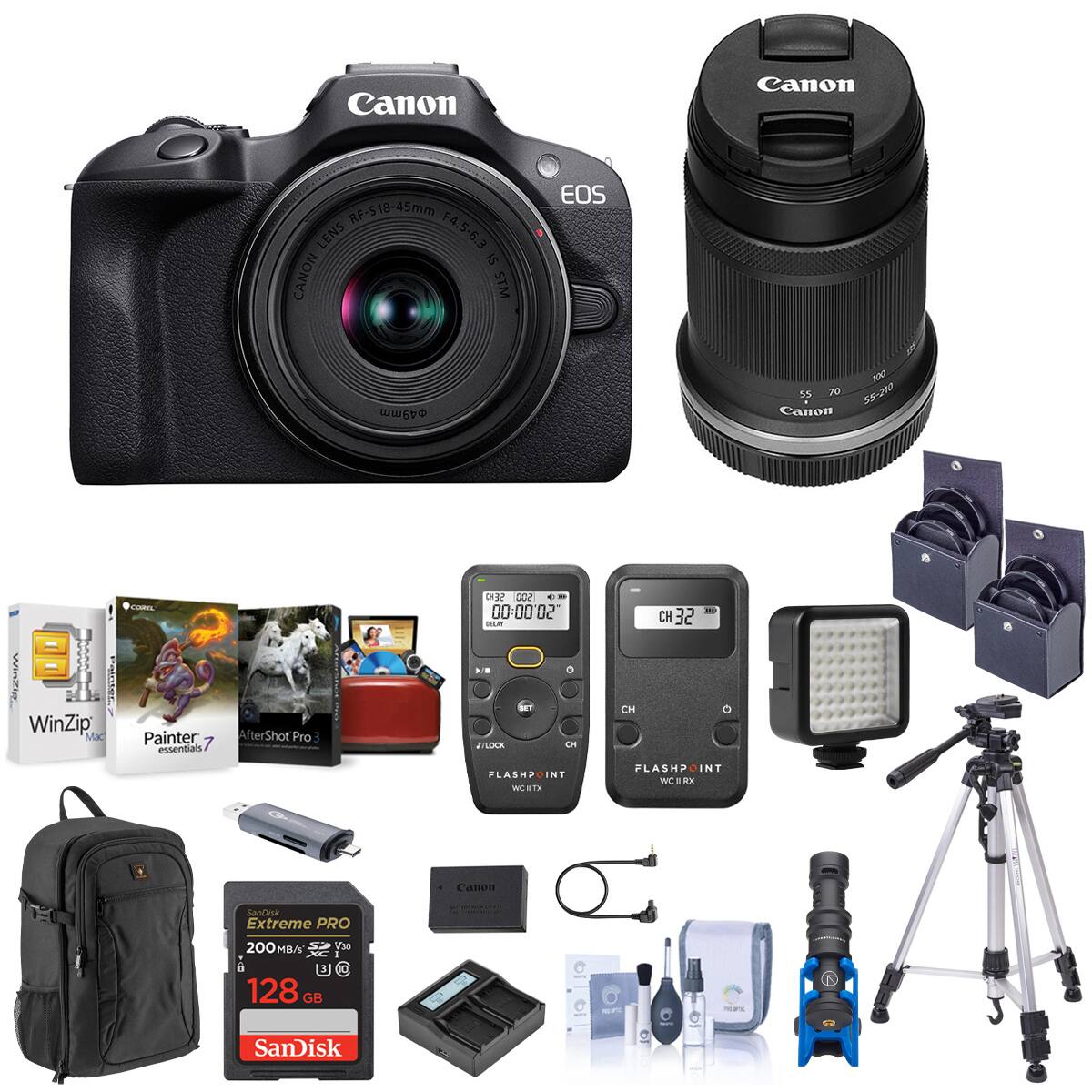 Canon  
Canon  
RF-S18-45mm LENS F4.5-6.3 IS CANON STM 49mm  
EOS  
100 55 70 55-210 Canon  
8  
WinZip WinZip Mac  
COREL Painter 7 essentials  
AfterShot Pro  
SEKO SOO "CO'00.00 00-00 UC DELAY 0 SET STLOCK OH FLASHPO INT WCBTX  
CH-32 CH 0 FLASH? INT WCIIRX  
8  
Canon  
SanDisk Extreme PRO 200MB/s V30 XC I 3 128 GB  
100%  
Flooric  
IN  
SanDisk