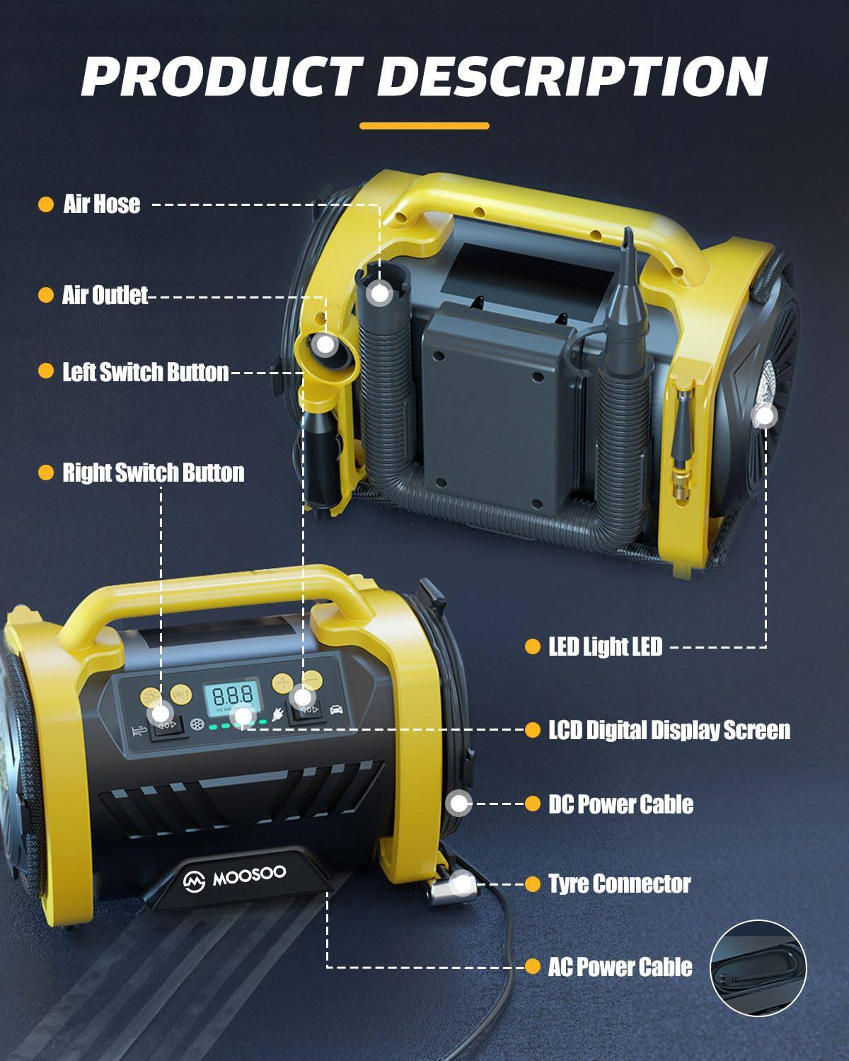 VacLife Multi-Purpose Portable Tire Inflator - Cordless Air Compressor With Digital Screen & 7500mAh Battery, Red