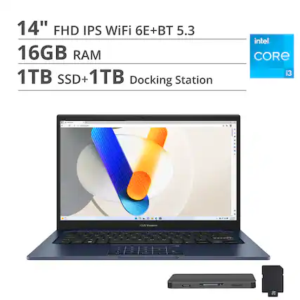 14" FHD IPS WiFi 6E+BT 5.3
16GB RAM
1TB SSD+1TB Docking Station
Intel Core i3
ASUS Vivobook