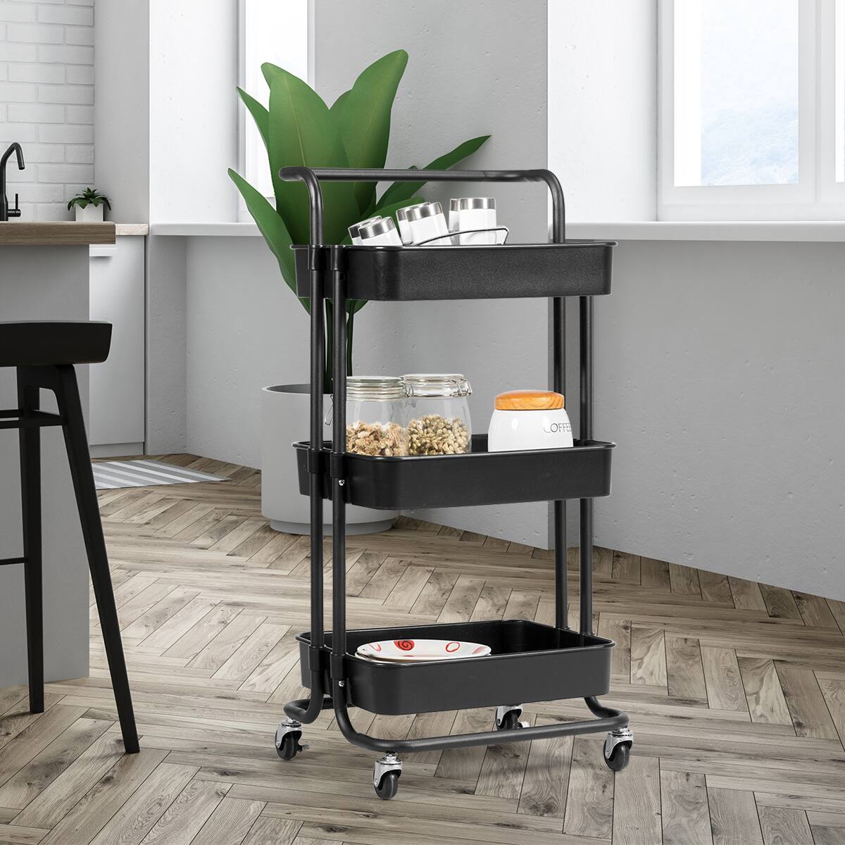 Alt View 1. Costway - 3 Tier Rolling Cart W/Wheels Practical Handle&ABS Storage Basket Organizer Black - Black.