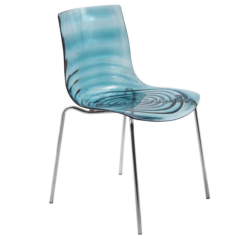 LeisureMod - Astor Modern Plastic Side Dining Chair with Ripple Design and Chrome Metal Legs Accent Side Chair for Home or Office - Transparent Blue