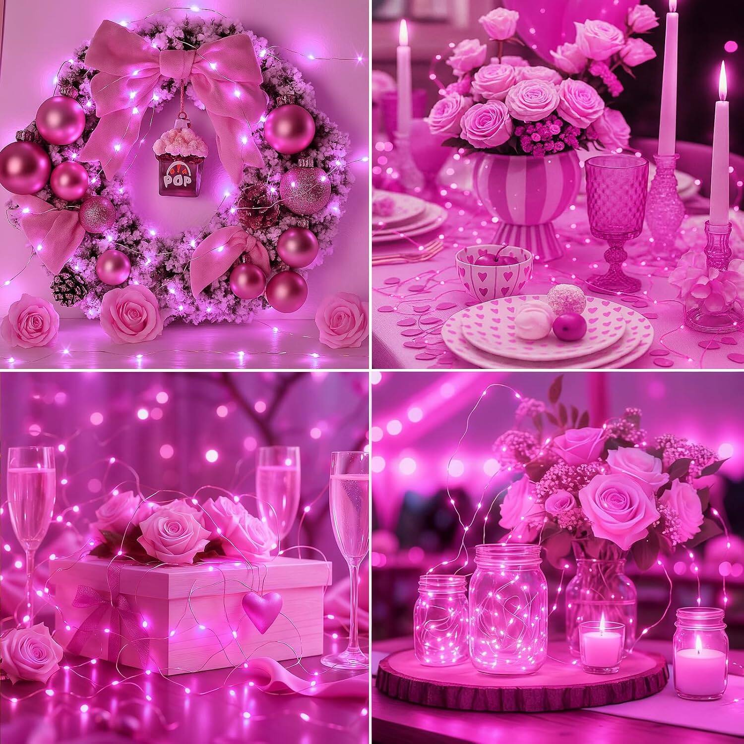 Angle. Veranti - 7 ft 20 LED Battery Fairy String Lights for Halloween Party Decor and Christmas Crafts, 3 Modes - Pink.