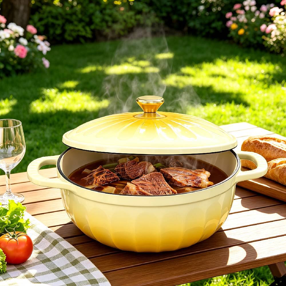 Alt View 6. Winado - 5 QT Enameled Cast Iron Dutch Oven with Gradient Petal Texture,Heat-Resistant Gloves, Pot Mat for Bread Baking, Roasting - Yellow.