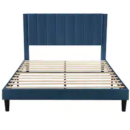 Hivvago - Queen size Modern Velvet Upholstered Platform Bed with Headboard - Navy Blue