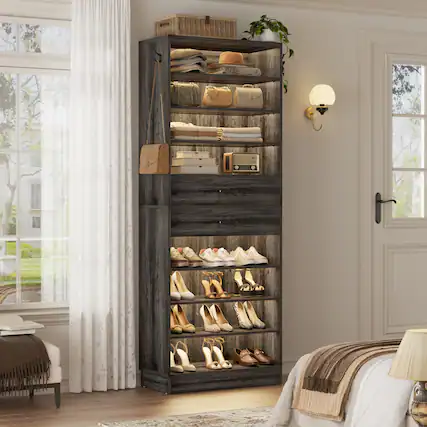 Front. Aheaplus - 10-Tier 65cm Freestanding Shoe Armoire with 2 Drawers, Adjustable Shelves & Side Hooks – Entryway/Bedroom - Gray Oak.