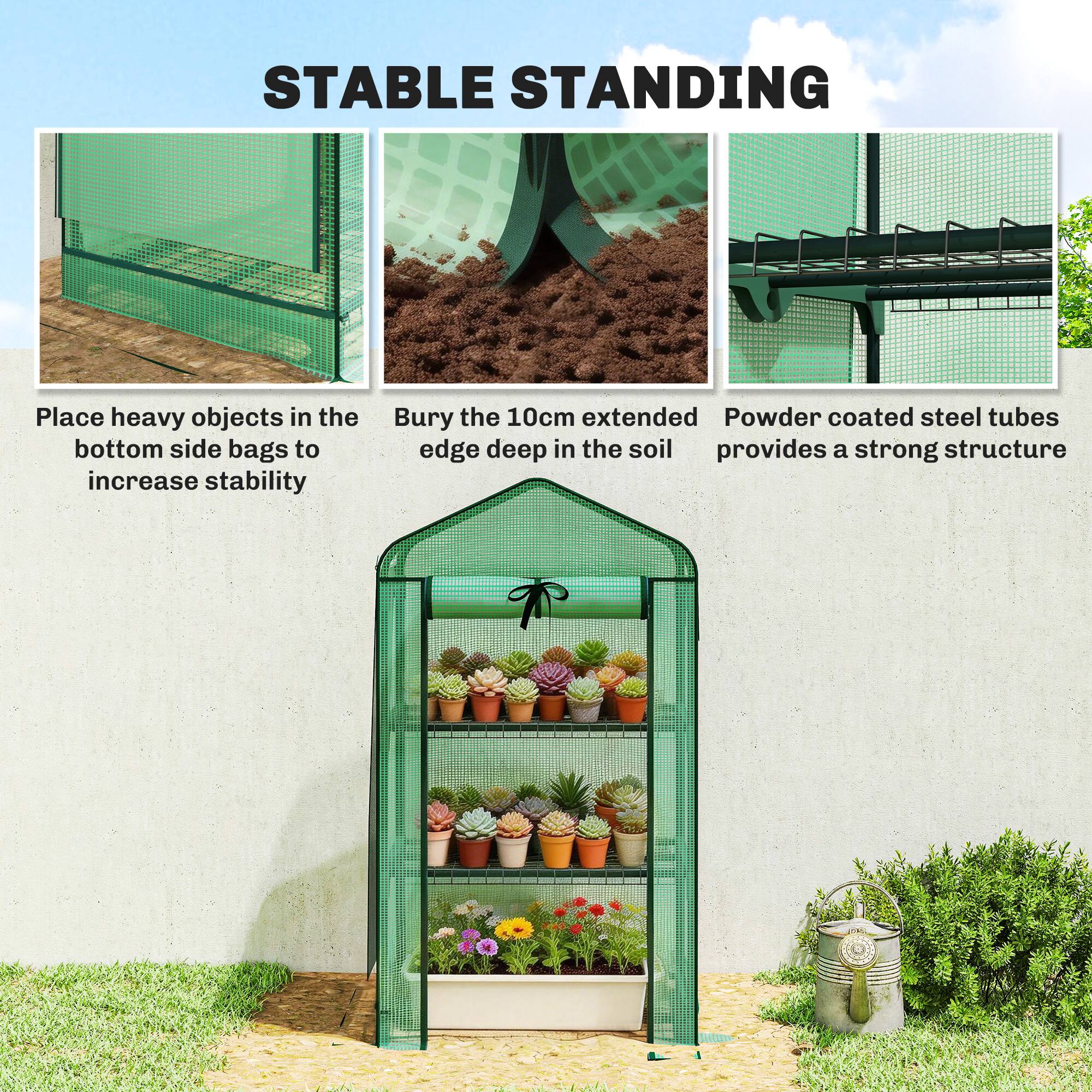 STABLE STANDING

- Place heavy objects in the bottom side bags to increase stability
- Bury the 10cm extended edge deep in the soil
- Powder coated steel tubes provide a strong structure