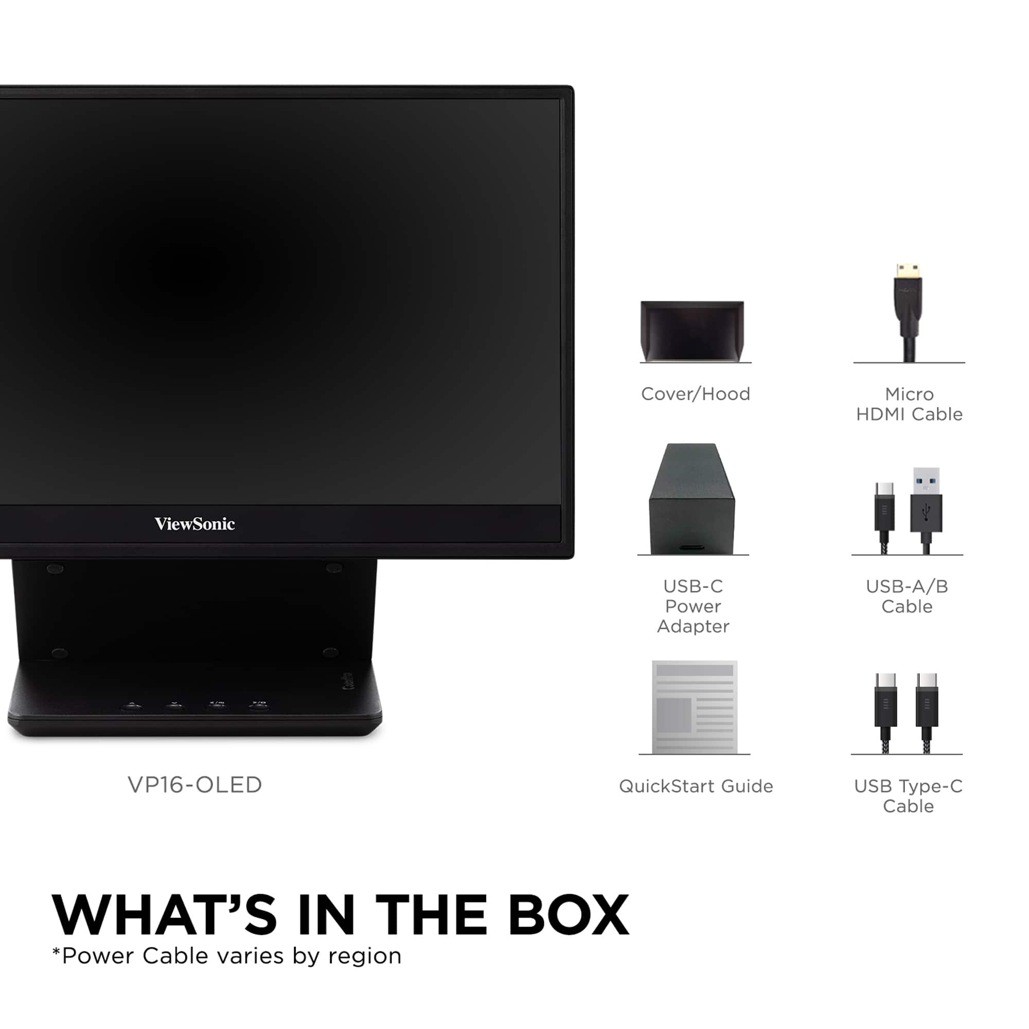 The text on the image can be grouped and corrected as follows:
What's in the box:
* Power Cable varies by region
* Cover/Hood
* Micro HDMI Cable
* ViewSonic USB-C Power Adapter
* USB-A/B Cable
* VP16-OLED QuickStart Guide
* USB Type-C Cable