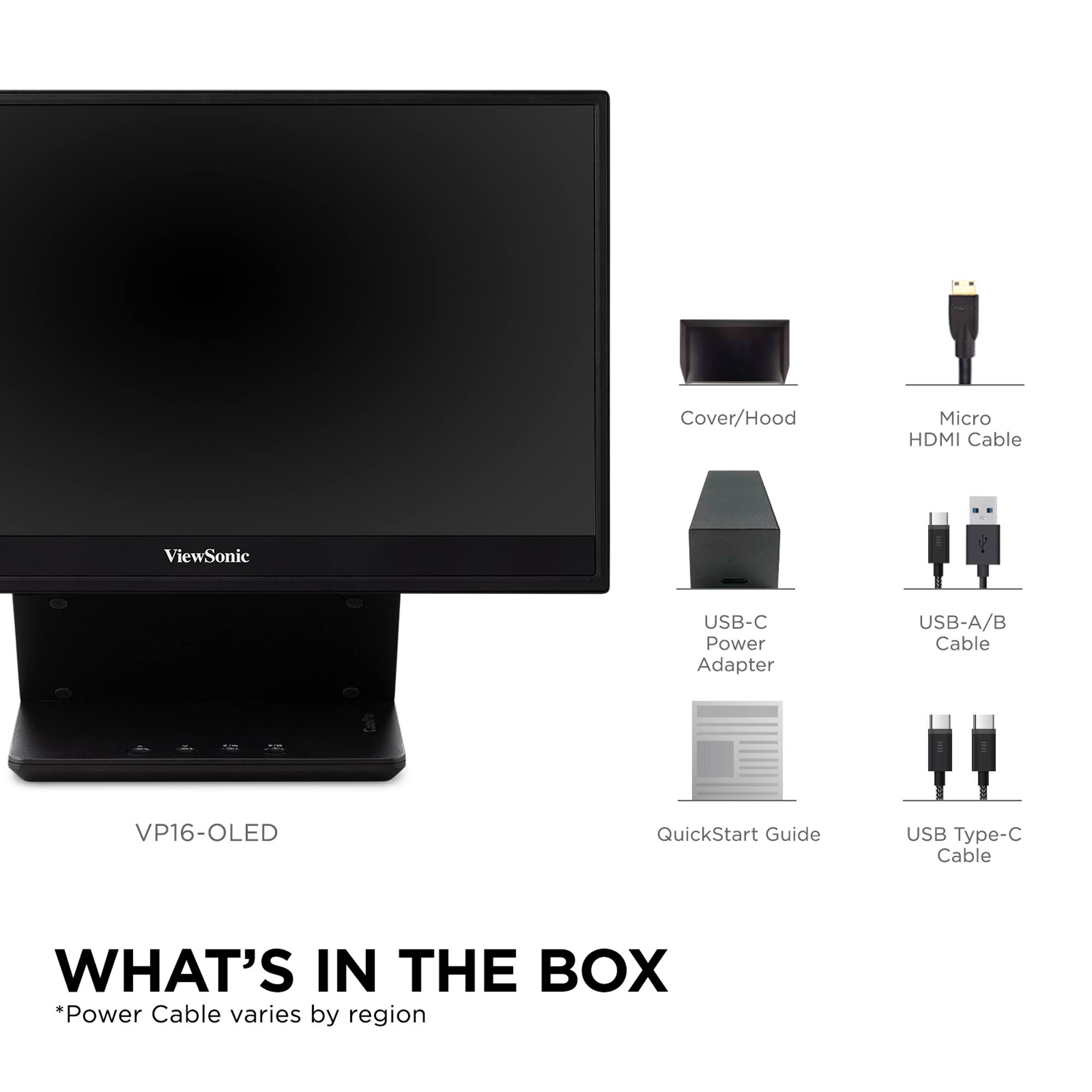 The text on the image can be grouped and corrected as follows:

What's in the box:

* Power Cable varies by region
* Cover/Hood
* Micro HDMI Cable
* ViewSonic USB-C Power Adapter
* USB-A/B Cable
* VP16-OLED QuickStart Guide
* USB Type-C Cable