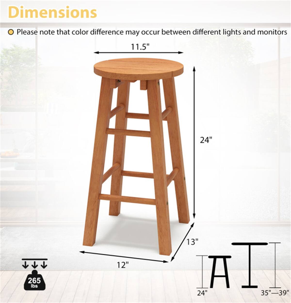 Dimensions  
Please note that color difference may occur between different lights and monitors  

- Diameter: 11.5"  
- Height: 24"  
- Base Width: 12"  
- Base Height: 13"  
- Weight Capacity: 265 lbs  

Stool Seat:  
- Height: 24"  
- Width: 35" - 39"