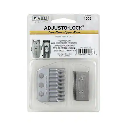 WAHL PROFESSIONAL
ADJUSTO-LOCK
1mm-3mm clipper blade
Blades Made in USA
FOR/PARA/POUR:
WAHL: DESIGNER, CORDLESS DESIGNER, SENIOR, PILOT, VACUUM CLIPPER
STERLING: STERLING 4, CORDLESS STERLING 4, NUGGET, STERLING PLUS
WAHL Clipper Corporation
Sterling, IL 61081 USA
785050 1005
43917 22650 0