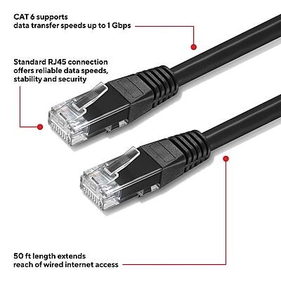 CAT 6 supports data transfer speeds up to 1 Gbps.

Standard RJ45 connection offers reliable data speeds, stability, and security.

50 ft length extends reach of wired internet access.