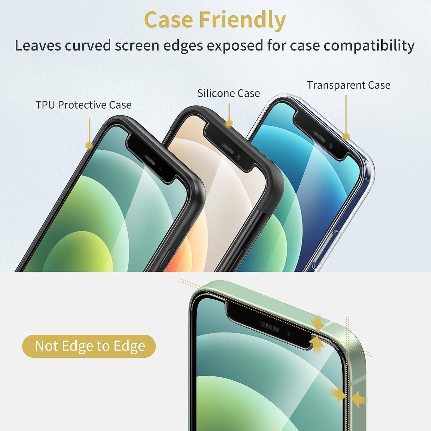 Case Friendly  
Leaves curved screen edges exposed for case compatibility

TPU Protective Case  
Silicone Case  
Transparent Case

Not Edge to Edge