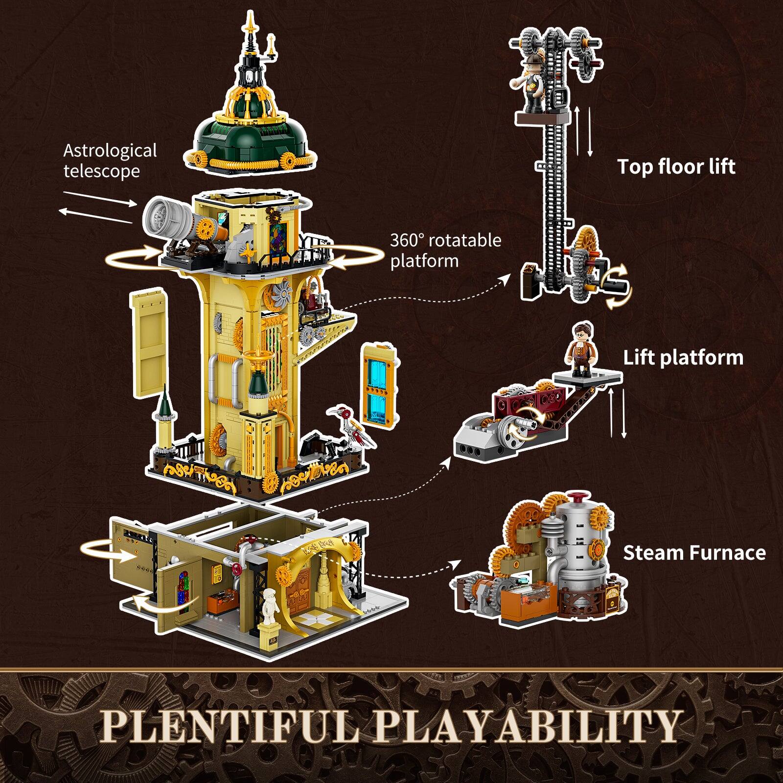 Astrological telescope  
Top floor lift  
360° rotatable platform  
Lift platform  
Steam Furnace  
PLENTIFUL PLAYABILITY