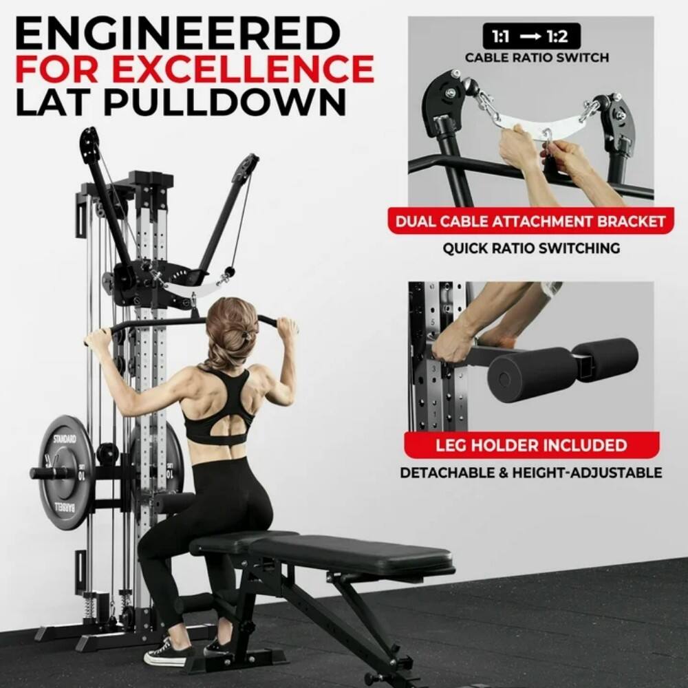 ENGINEERED FOR EXCELLENCE LAT PULLDOWN

1:1 → 1:2
CABLE RATIO SWITCH

DUAL CABLE ATTACHMENT BRACKET
QUICK RATIO SWITCHING

LEG HOLDER INCLUDED
DETACHABLE & HEIGHT-ADJUSTABLE