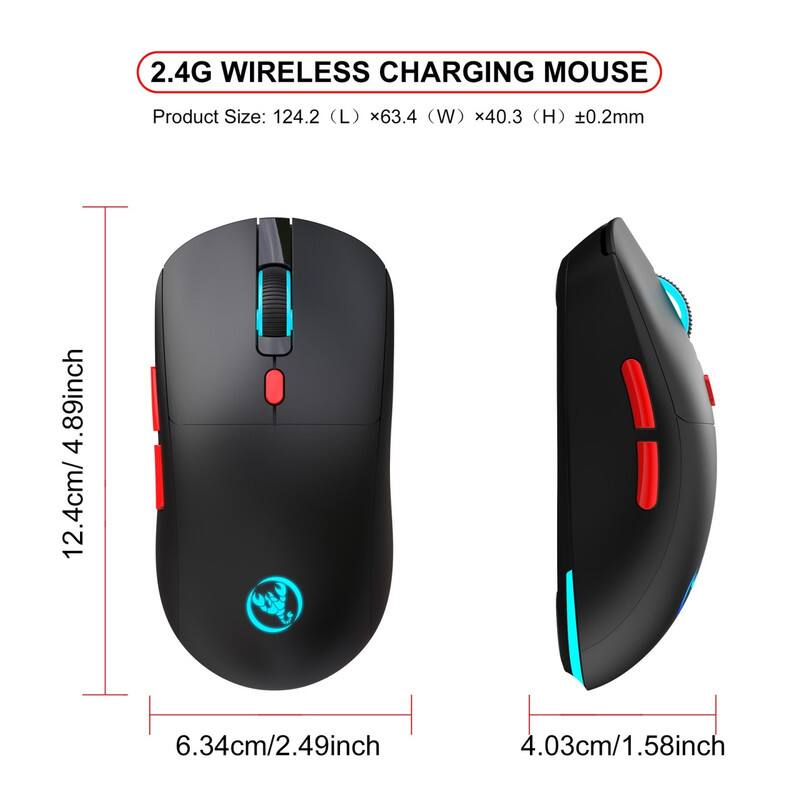 2.4G WIRELESS CHARGING MOUSE

Product Size: 124.2 (L) x 63.4 (W) x 40.3 (H) ±0.2mm

4.89inch / 12.4cm / 6.34cm / 2.49inch / 4.03cm / 1.58inch