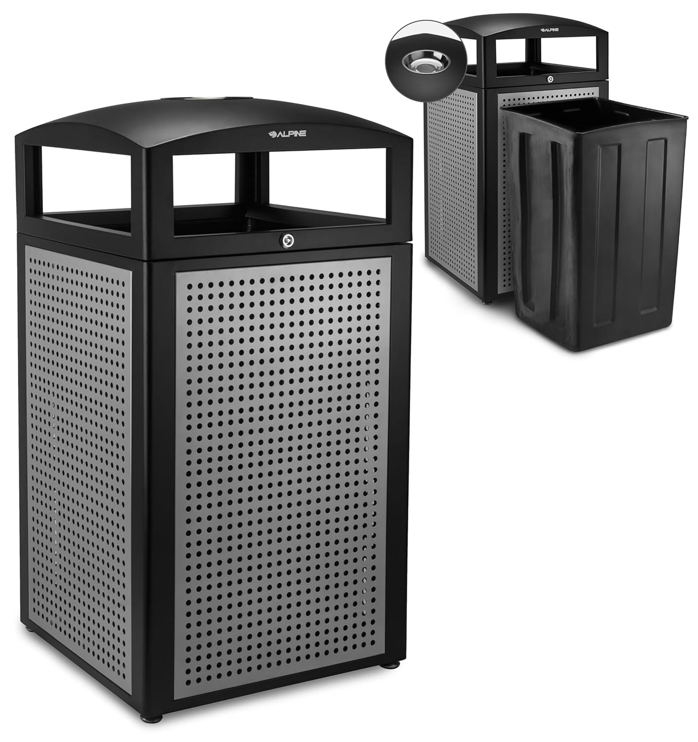 Alt View 4. Alpine Industries - 40 Gallon Steel Outdoor Trash Can with Insert Liner and Dome Lid with Ashtray Urn - Silver.