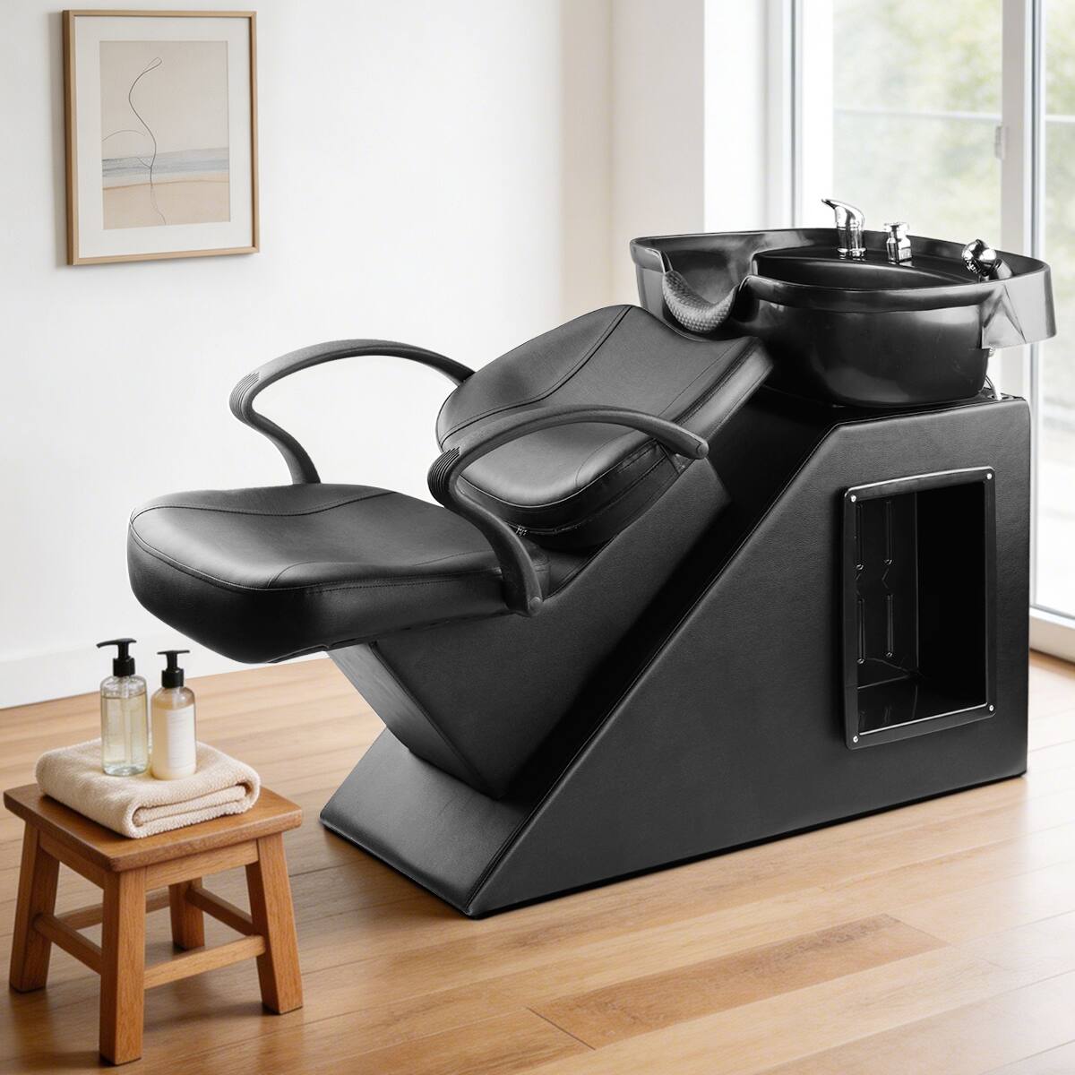 Angle. Ainfox - Ainfox Shampoo Barber Backwash Chair,ABS Plastic Bowl Sink Chair & Armrest Professional for Barbershop Spa Beauty Salon - black.