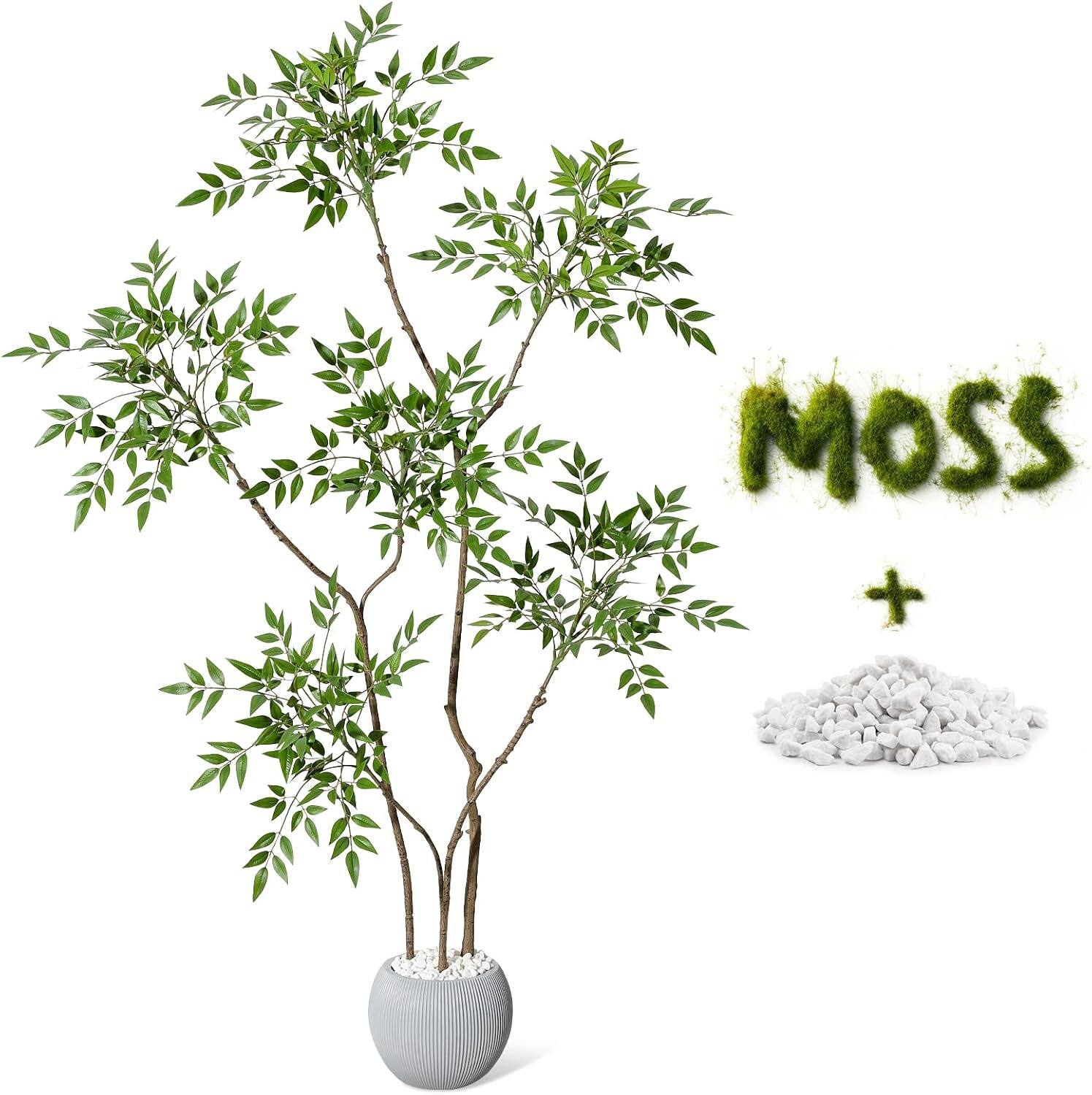 Back. Homhougo - Artificial Plants Indoor, 5FT Tall Faux Floor Plant in Pot, Nandina Artificial Tree with Grey Planter - Green.