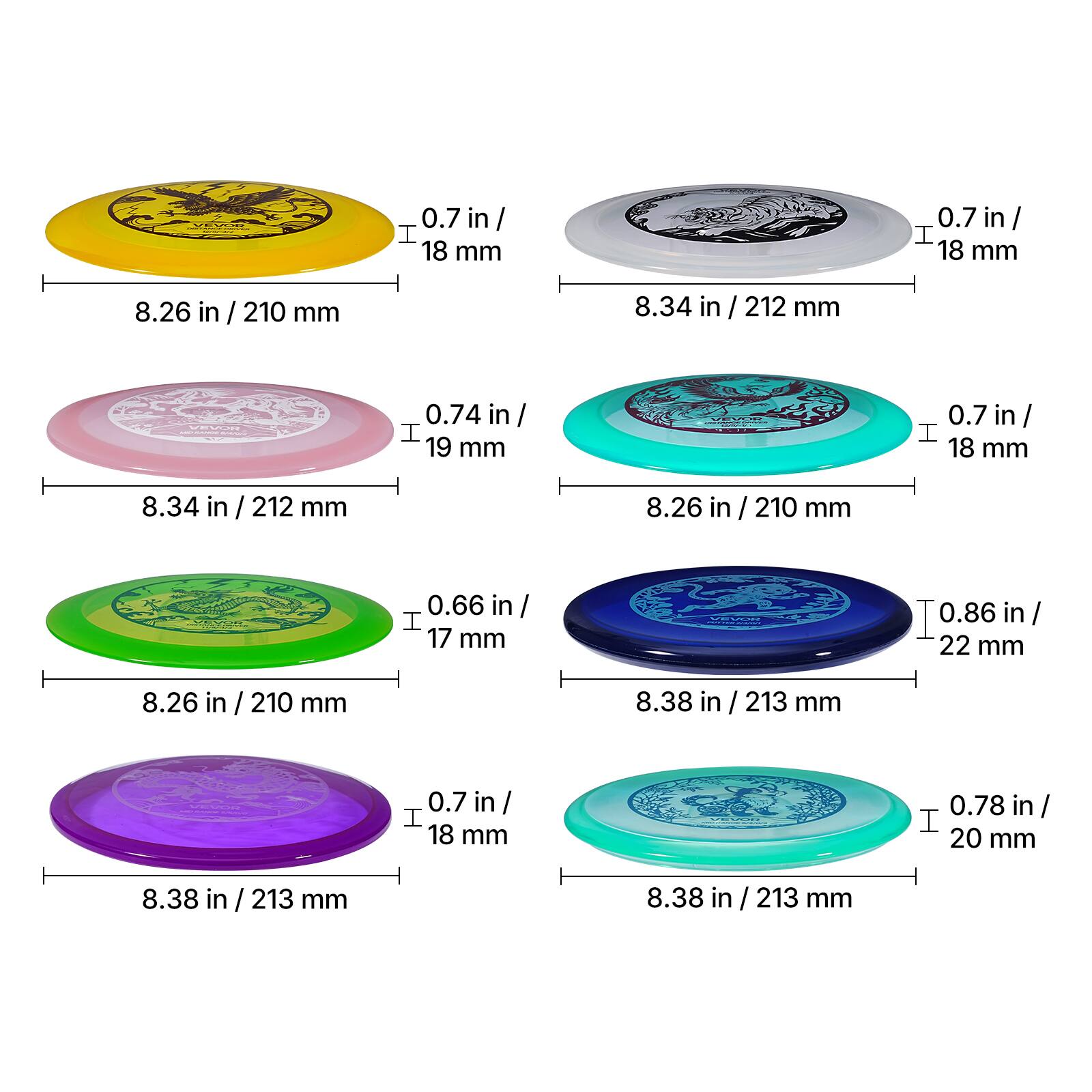 - 0.7 in / 18 mm
  - 8.26 in / 210 mm

- 0.74 in / 19 mm
  - 8.34 in / 212 mm

- 0.7 in / 18 mm
  - 8.34 in / 212 mm

- 0.66 in / 17 mm
  - 8.26 in / 210 mm

- 0.7 in / 18 mm
  - 8.38 in / 213 mm

- 0.86 in / 22 mm
  - 8.38 in / 213 mm

- 0.78 in / 20 mm
  - 8.38 in / 213 mm