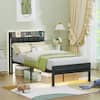 Front. Furnulem - Platform Bed Frame Upholstered Headboard LED Lights Charging Station Heavy Duty Metal Support No Box Spring Needed - Brown.