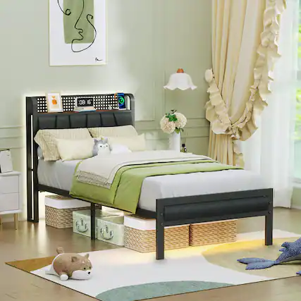 Front. Furnulem - Platform Bed Frame Upholstered Headboard LED Lights Charging Station Heavy Duty Metal Support No Box Spring Needed - Brown.