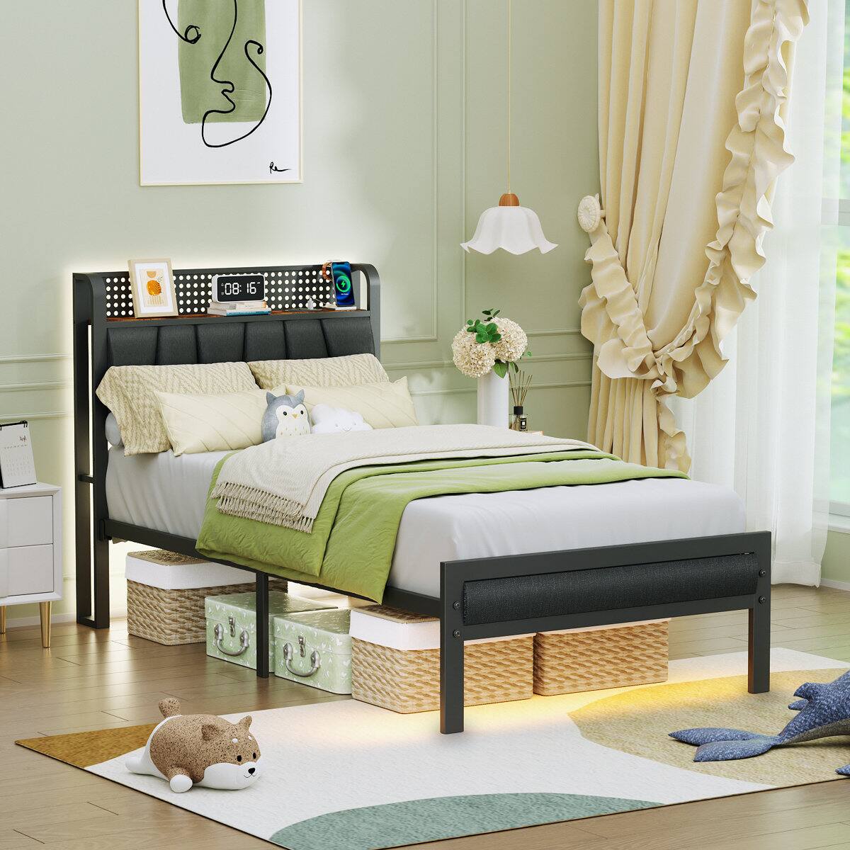 Front. Furnulem - Platform Bed Frame Upholstered Headboard LED Lights Charging Station Heavy Duty Metal Support No Box Spring Needed - Brown.