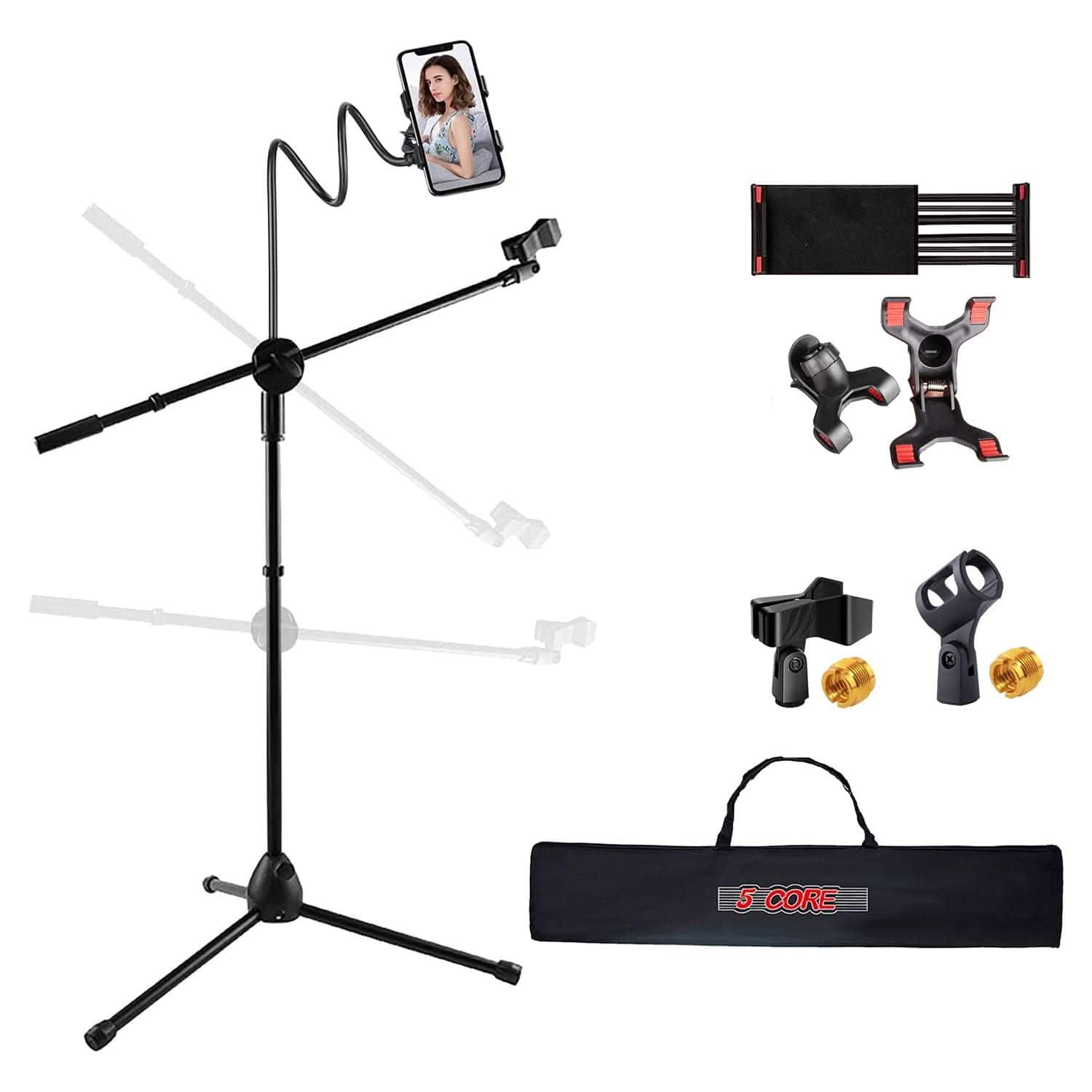 5 CORE - Tripod Mic Stand w Phone Holder Height Adjustable Microphone Mount Stands-MS MOB