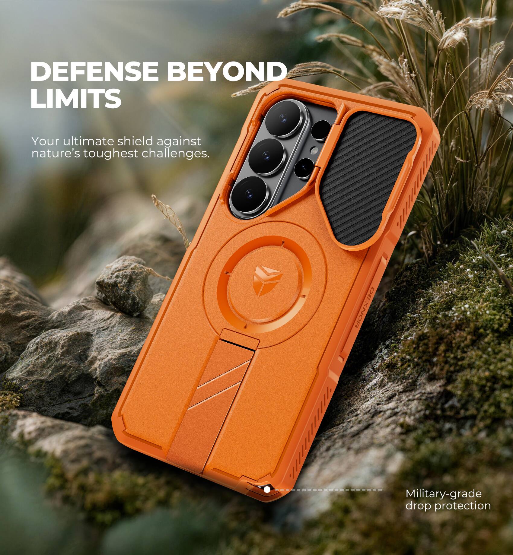 DEFENSE BEYOND LIMITS  
Your ultimate shield against nature's toughest challenges.  
Military-grade drop protection