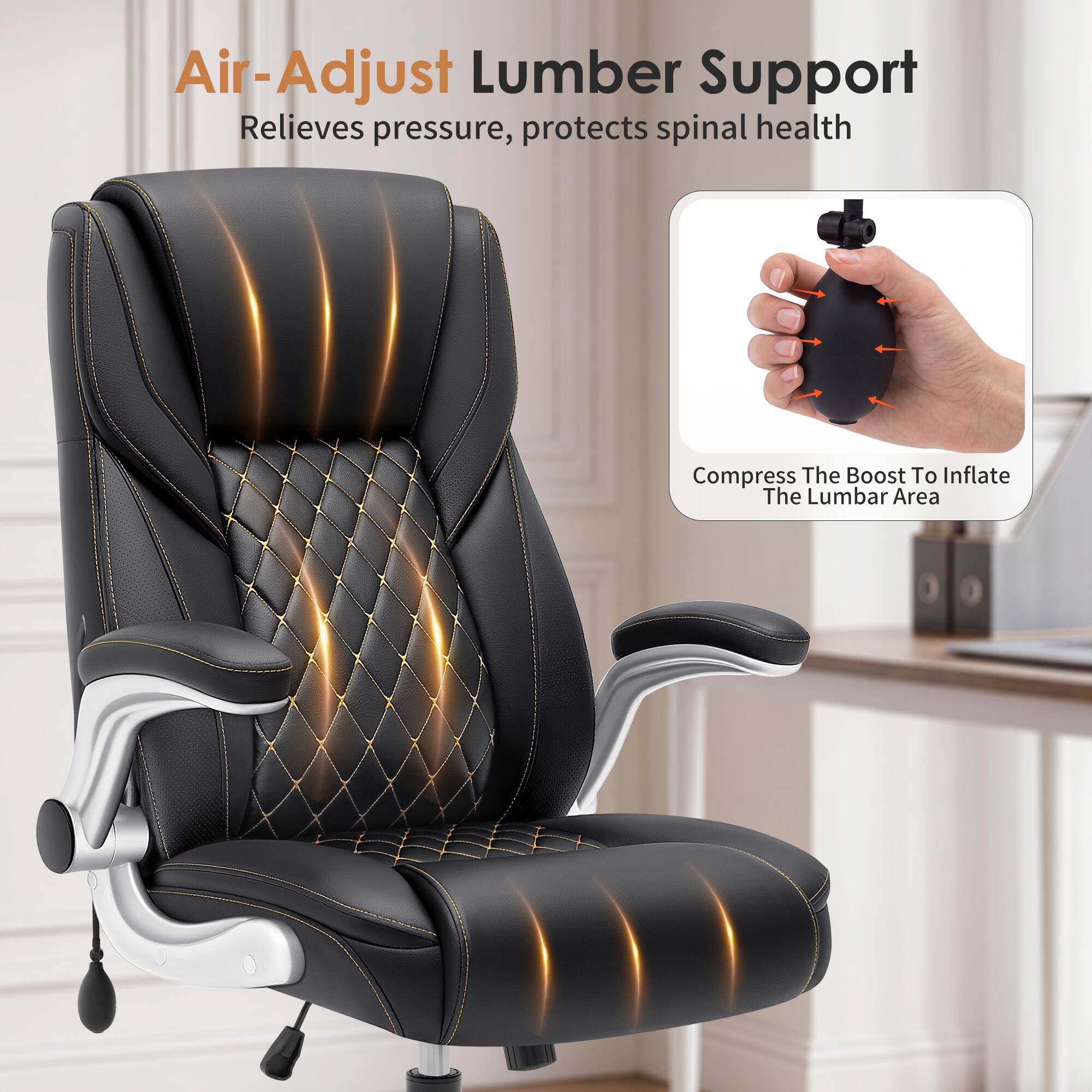 Air-Adjust Lumber Support Relieves pressure, protects spinal health

Compress The Boost To Inflate The Lumbar Area
