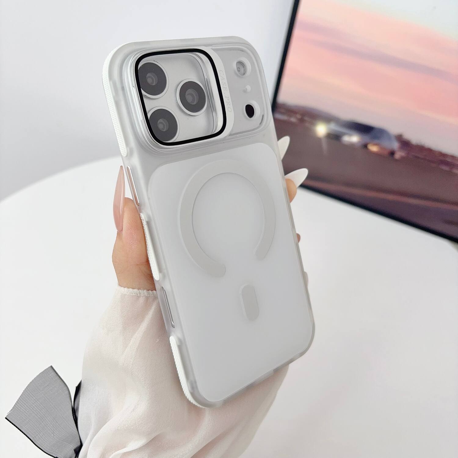 Angle. Dteck - Magnetic Rugged Case for Apple iPhone 17 Pro,Slim Hard Shell Cover with Glass Lens Cover Kickstand - White.