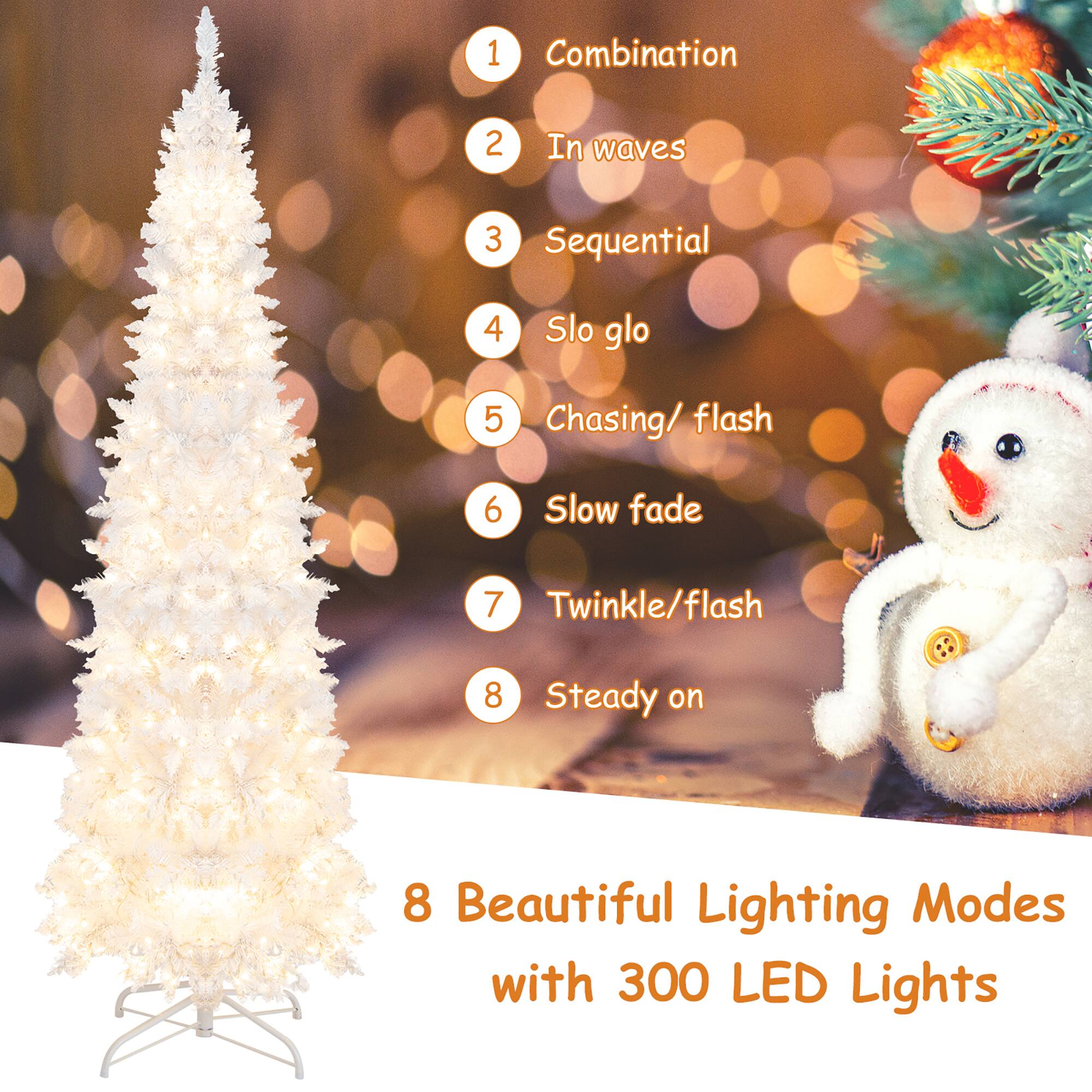1. Combination  
2. In waves  
3. Sequential  
4. Slo glo  
5. Chasing/ flash  
6. Slow fade  
7. Twinkle/ flash  
8. Steady on  

8 Beautiful Lighting Modes with 300 LED Lights