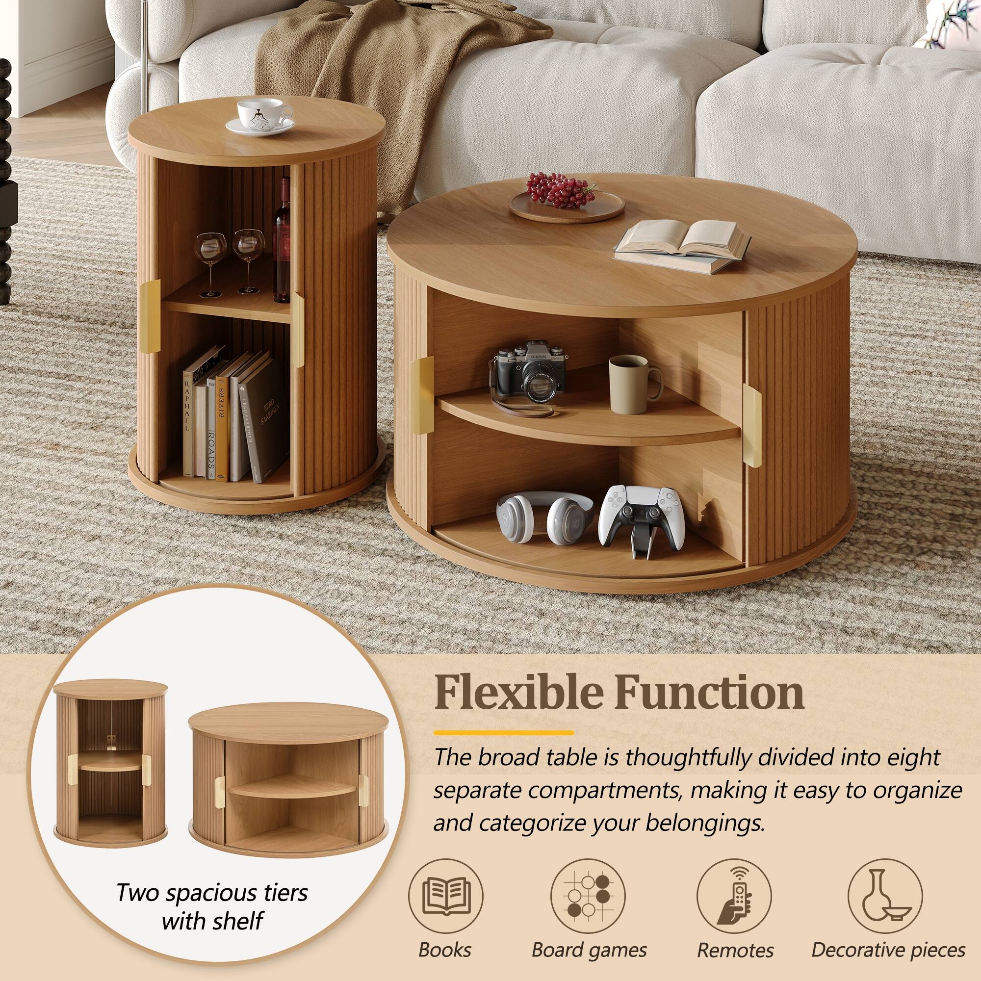 Flexible Function

The broad table is thoughtfully divided into eight separate compartments, making it easy to organize and categorize your belongings.

- Two spacious tiers with shelf
- Books
- Board games
- Remotes
- Decorative pieces