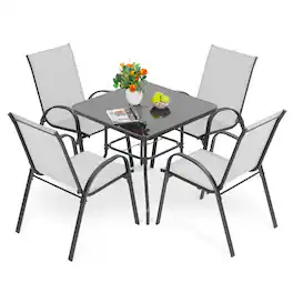 Nuu Garden - 5PCS Metal Outdoor Dining Set, 4 Stackable Chairs and Tempered Glass Table with Umbrella Hole - Gray/Black