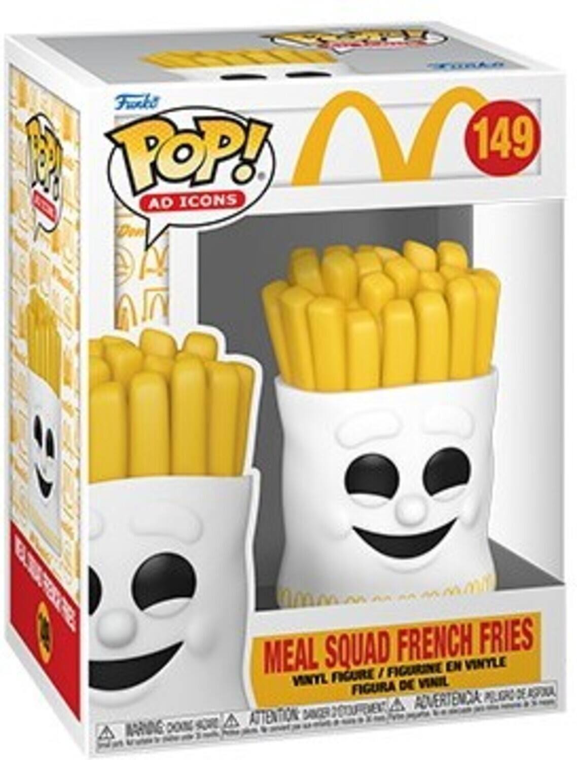 Sure, here is the corrected and grouped text from the image:

---

**Funko POP! AD ICONS**

**149**

**MEAL SQUAD FRENCH FRIES**

**VINYL FIGURE / FIGURINE EN VINYLE / FIGURA DE VINIL**

**WARNING: CHOKING HAZARD - Small parts. Not for children under 3 years.**

**ATTENTION: RISQUE D'ÉTINCELETTE - Petits morceaux. Ne convient pas aux enfants de moins de 3 ans.**

**ADVERTENCIA: RIESGO DE AHOGO - Piezas pequeñas. No es adecuado para niños menores de 3 años.**

---