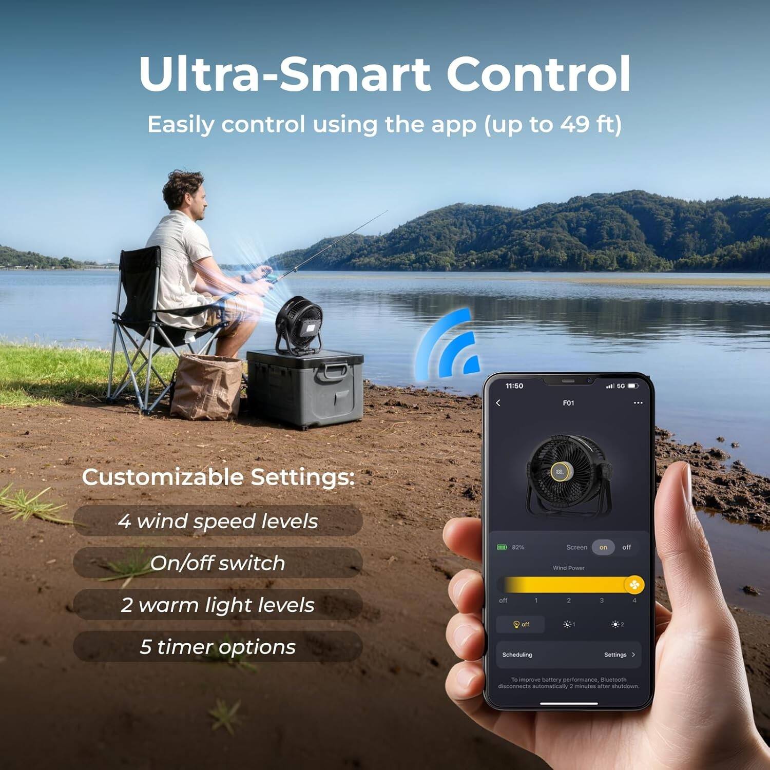 Ultra-Smart Control  
Easily control using the app (up to 49 ft)  

Customizable Settings:  
- 4 wind speed levels  
- On/off switch  
- 2 warm light levels  
- 5 timer options  

Scheduling  
Settings  

To improve battery performance, Bluetooth disconnects automatically 2 minutes after shutdown.