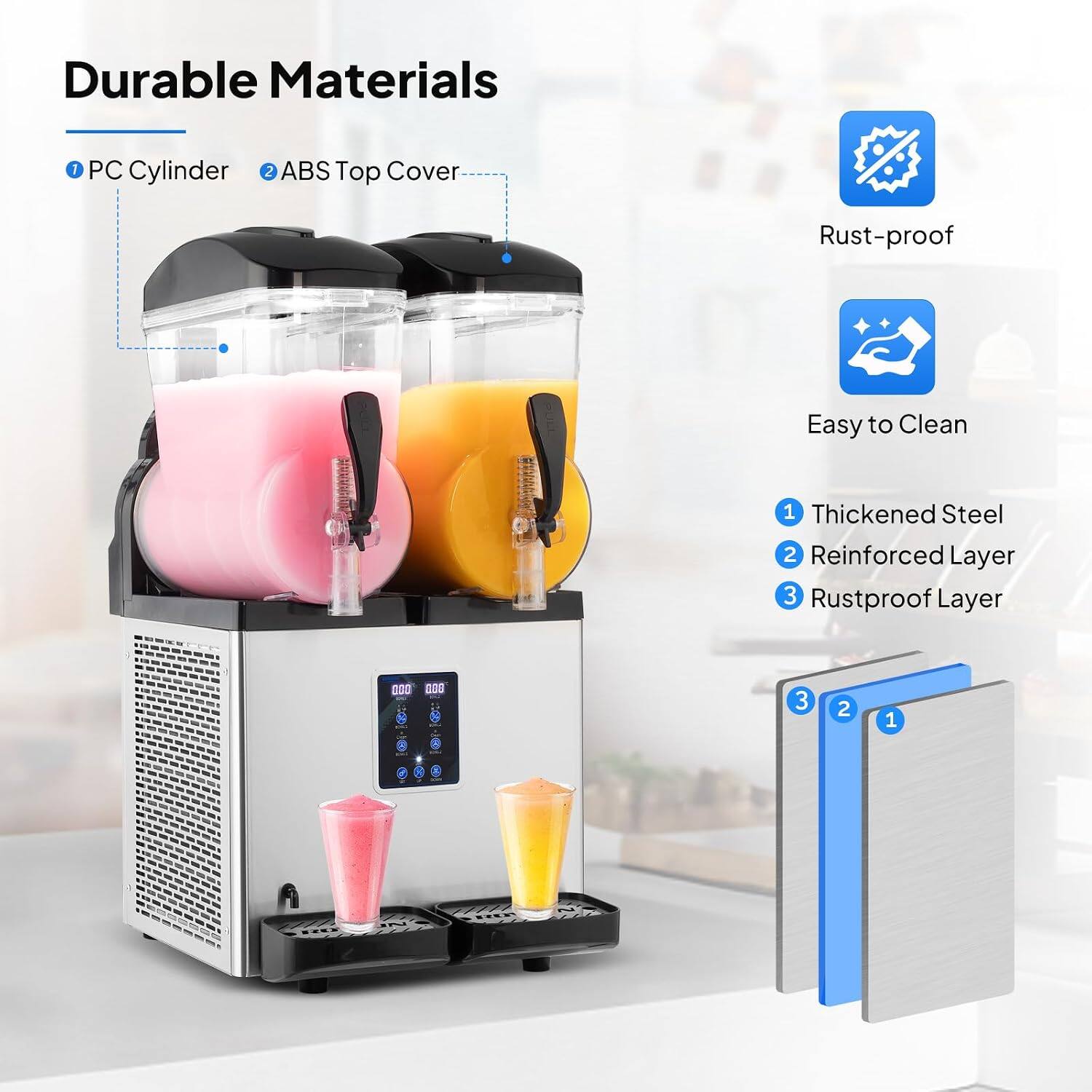 Durable Materials  
7 PC Cylinder  
2 ABS Top Cover  
Rust-proof  
Easy to Clean  
1 Thickened Steel  
2 Reinforced Layer  
3 Rustproof Layer