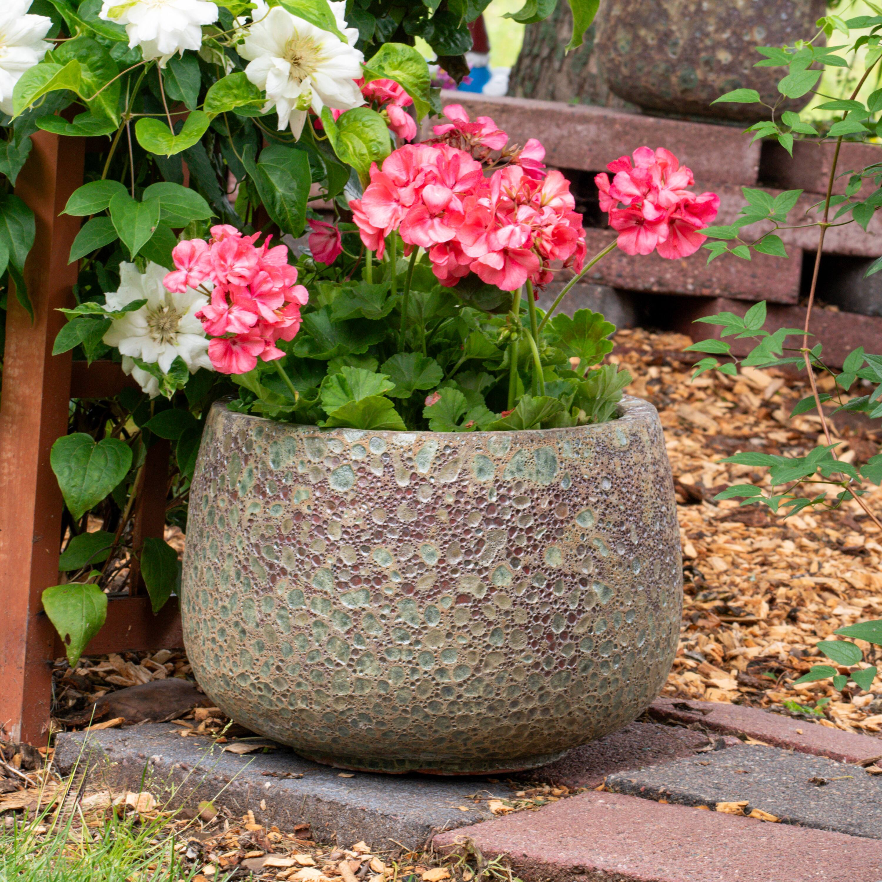 Alt View 4. Sunnydaze - 14" Lava Finish Planter Distressed Ceramic - Green.