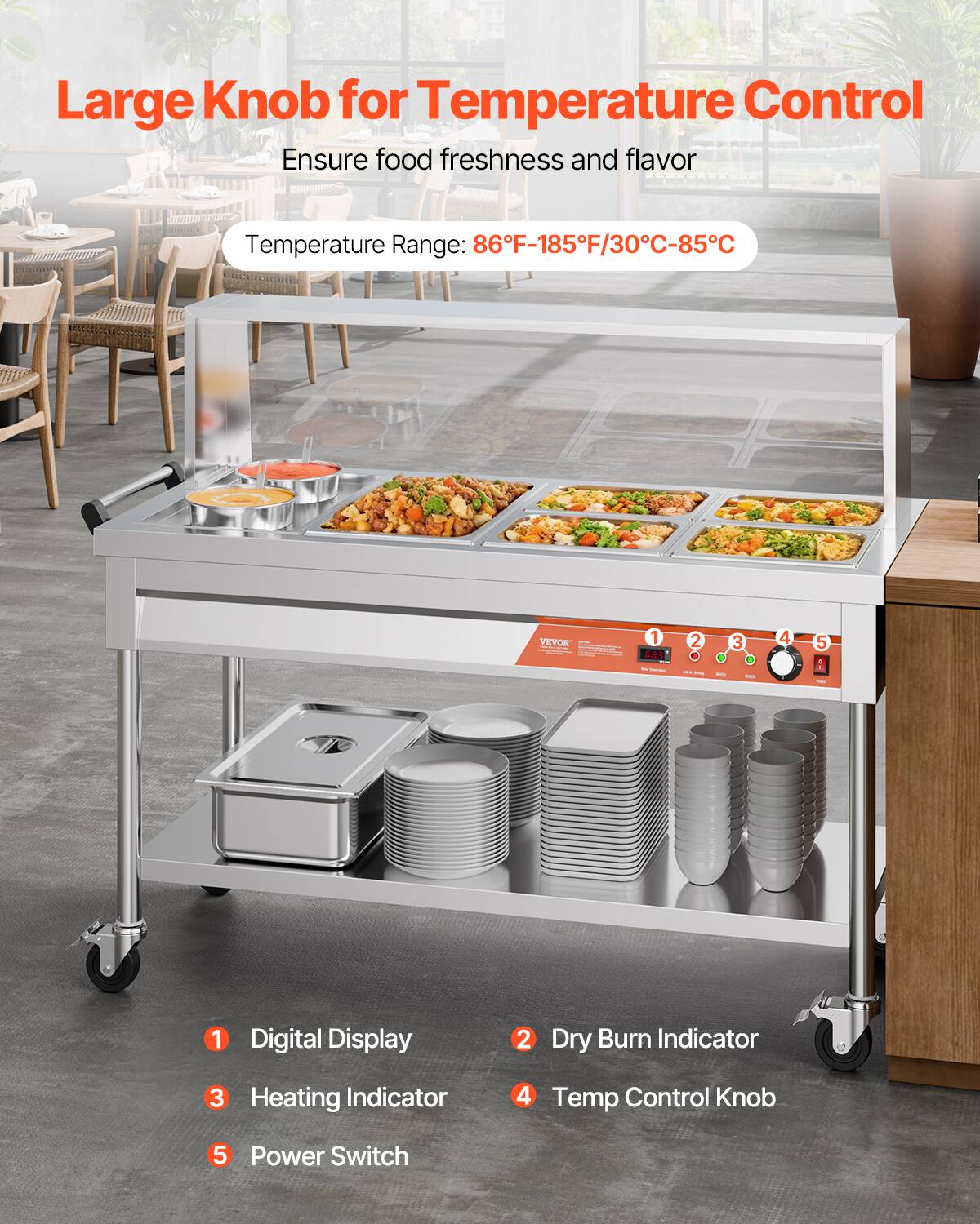 Large Knob for Temperature Control  
Ensure food freshness and flavor  

Temperature Range: 86°F-185°F/30°C-85°C  

1. Digital Display  
2. Dry Burn Indicator  
3. Heating Indicator  
4. Temp Control Knob  
5. Power Switch