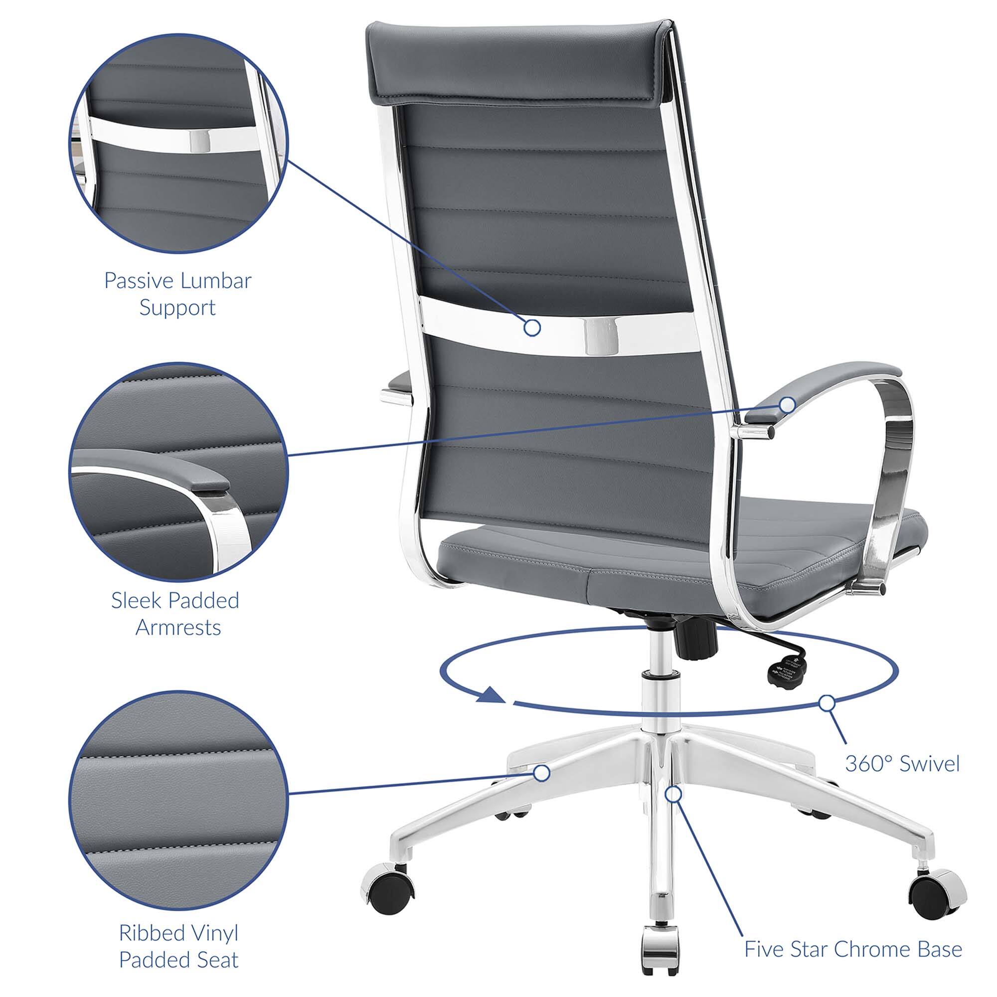 - Passive Lumbar Support
- Sleek Padded Armrests
- Ribbed Vinyl Padded Seat
- 360° Swivel
- Five Star Chrome Base