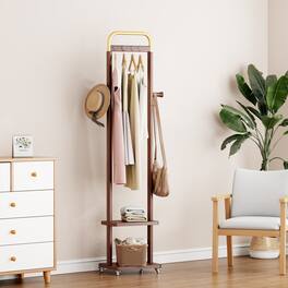 MERAVOM - Solid Wood Coat Rack Freestanding, Rolling Clothes Rack with 2 Hooks & Shelves, Clothing Rack with Wheels for Bedroom - Walnut