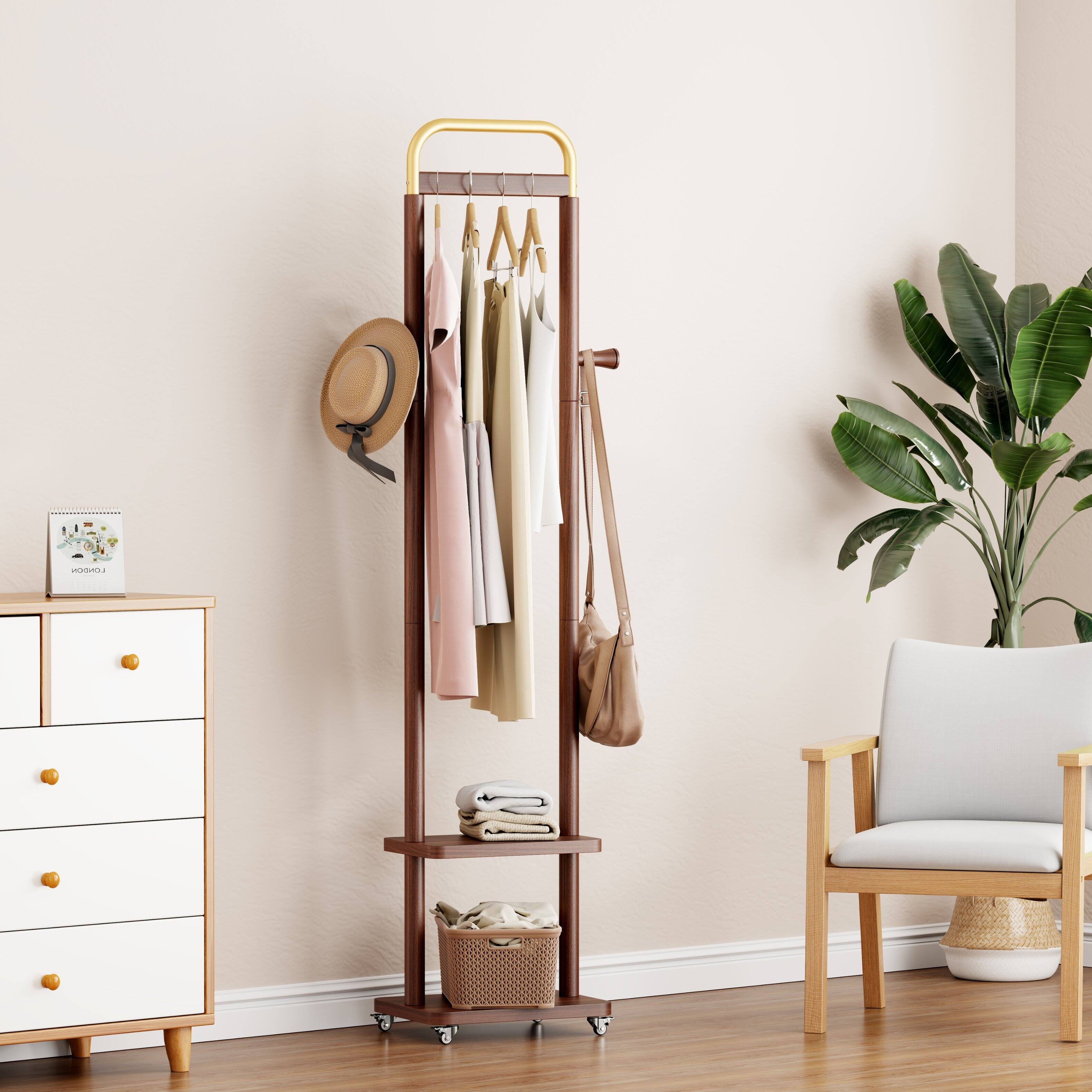Front. Z-Edge - Solid Wood Coat Rack Freestanding, Rolling Clothes Rack with 2 Hooks & Shelves, Clothing Rack with Wheels for Bedroom - Walnut.
